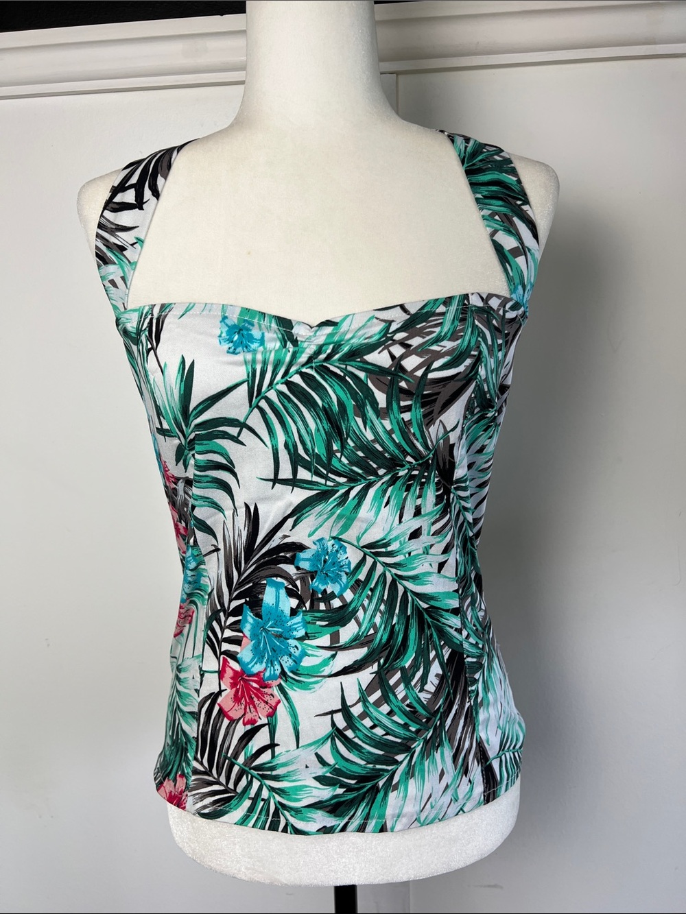 Women’s Tropical Palm Print Square Neck Tank Top - White/Green